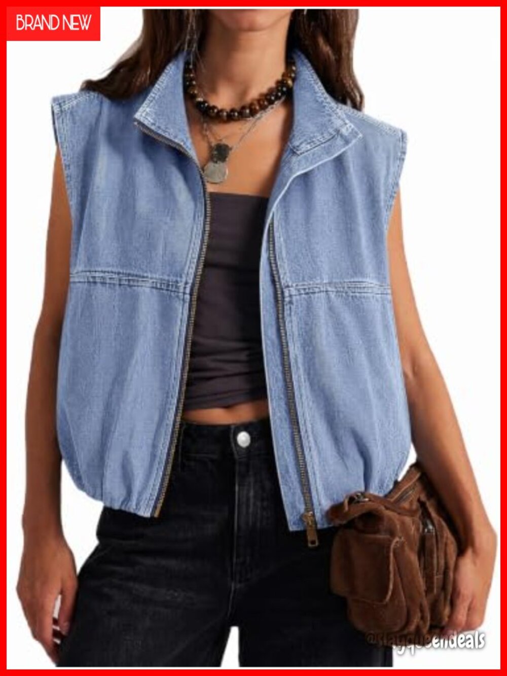Denim Vest Zip Up Sleeveless Bubble Hem Oversized Summer Jean Top
